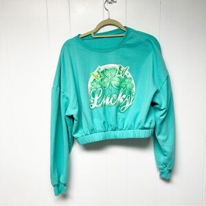Lucky Four Leaf Clover Graphic Long Sleeve Blue Green Cropped Sweatshirt Medium